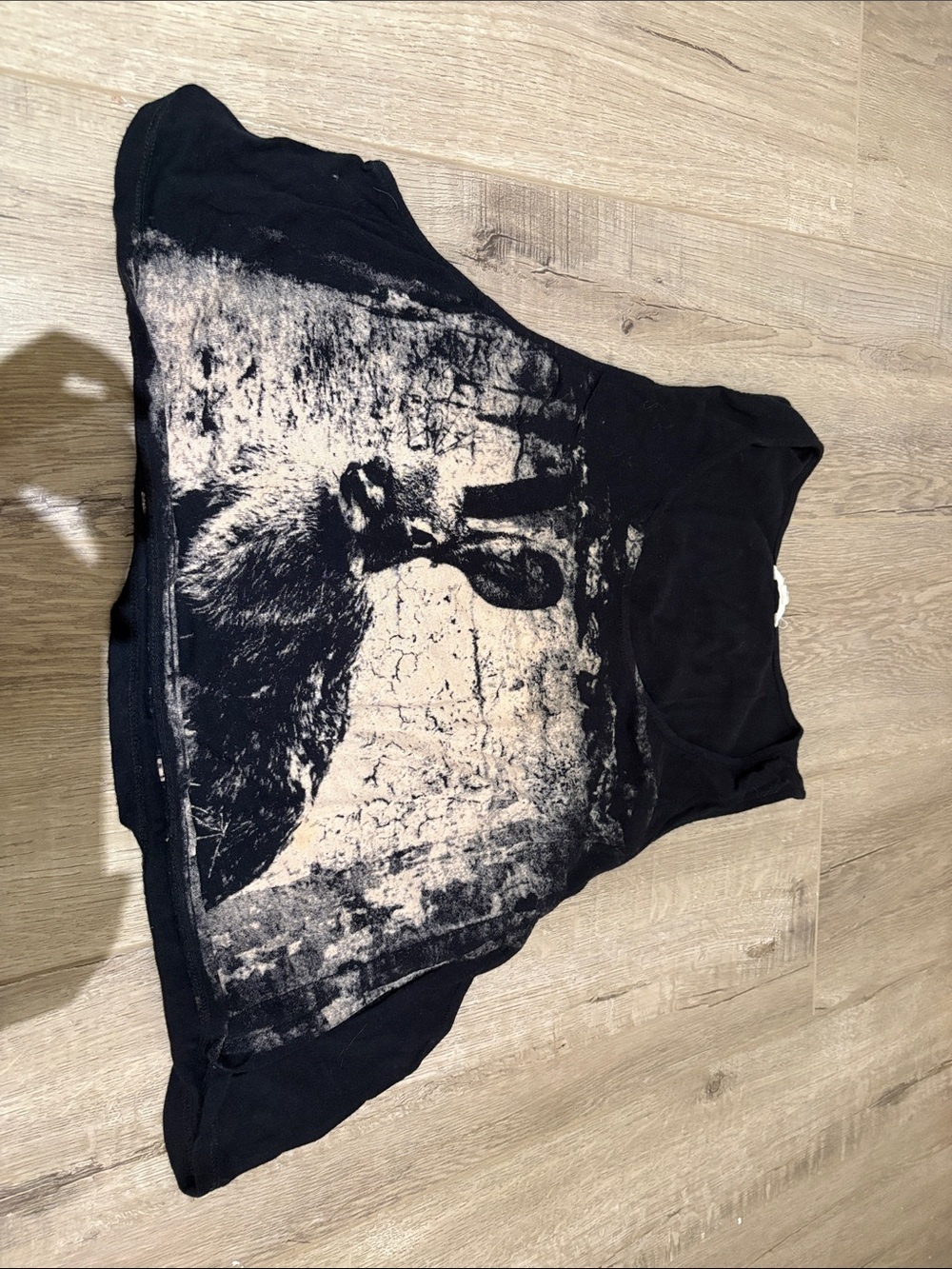 Black Graphic Crop Top with Stone-Wash Print